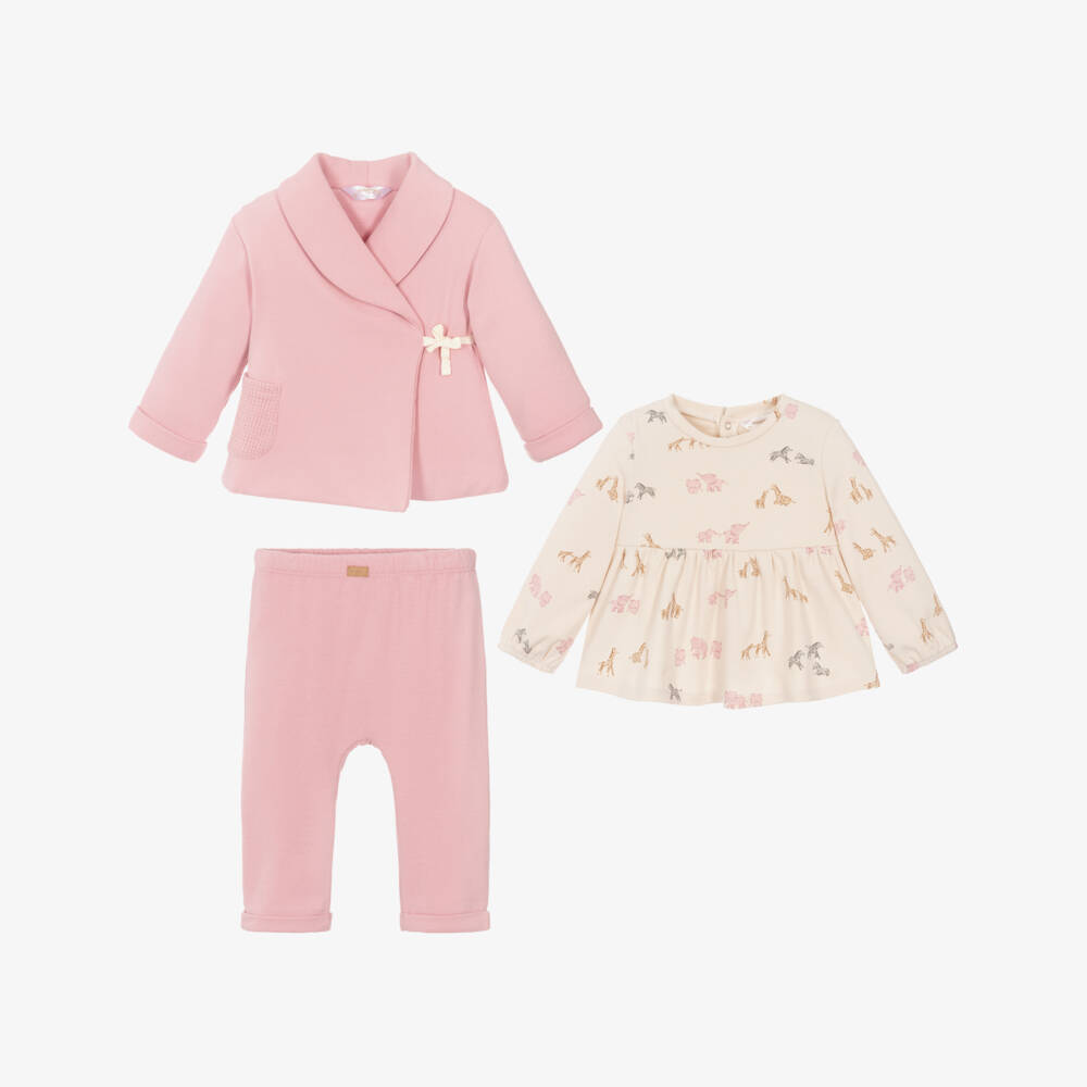 Mayoral Newborn-Baby Girls Pink Cotton Jersey Safari Animals Trouser Set | Childrensalon Outlet