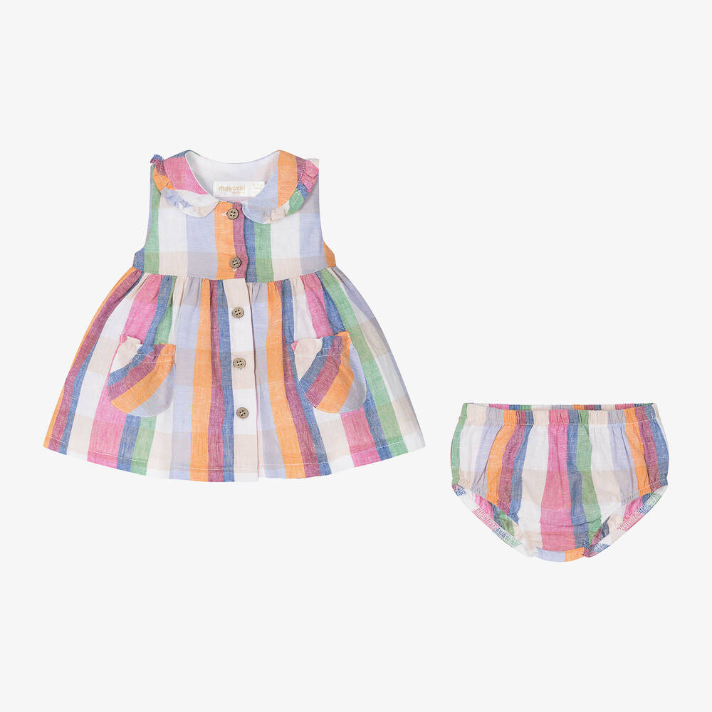 Mayoral-Baby Girls Pink Cotton & Linen Check Dress | Childrensalon Outlet