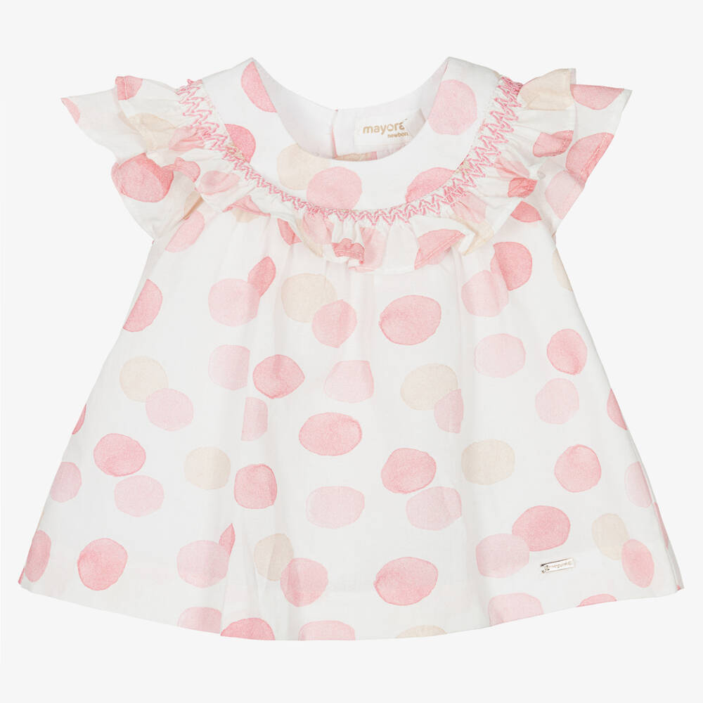 Mayoral - Baby Girls Pink Cotton Spotted Dress | Childrensalon