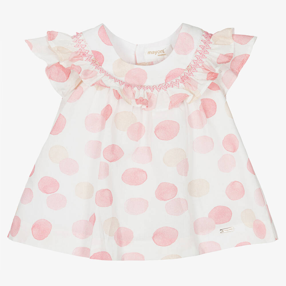 Mayoral - Rosa Baby-Baumwollkleid mit Punkten | Childrensalon