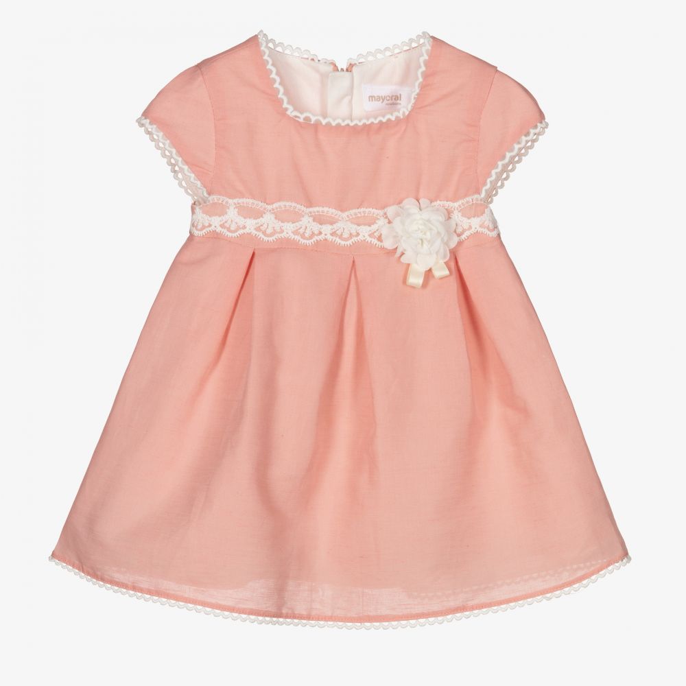 Mayoral Newborn - طقم فستان مزيج قطن وكتان لون زهري للمولودات | Childrensalon