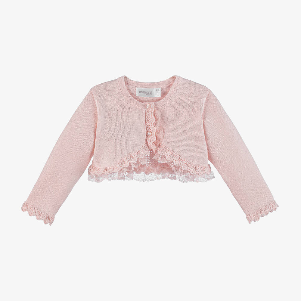 Mayoral-Baby Girls Pink Knit & Lace Cardigan | Childrensalon Outlet