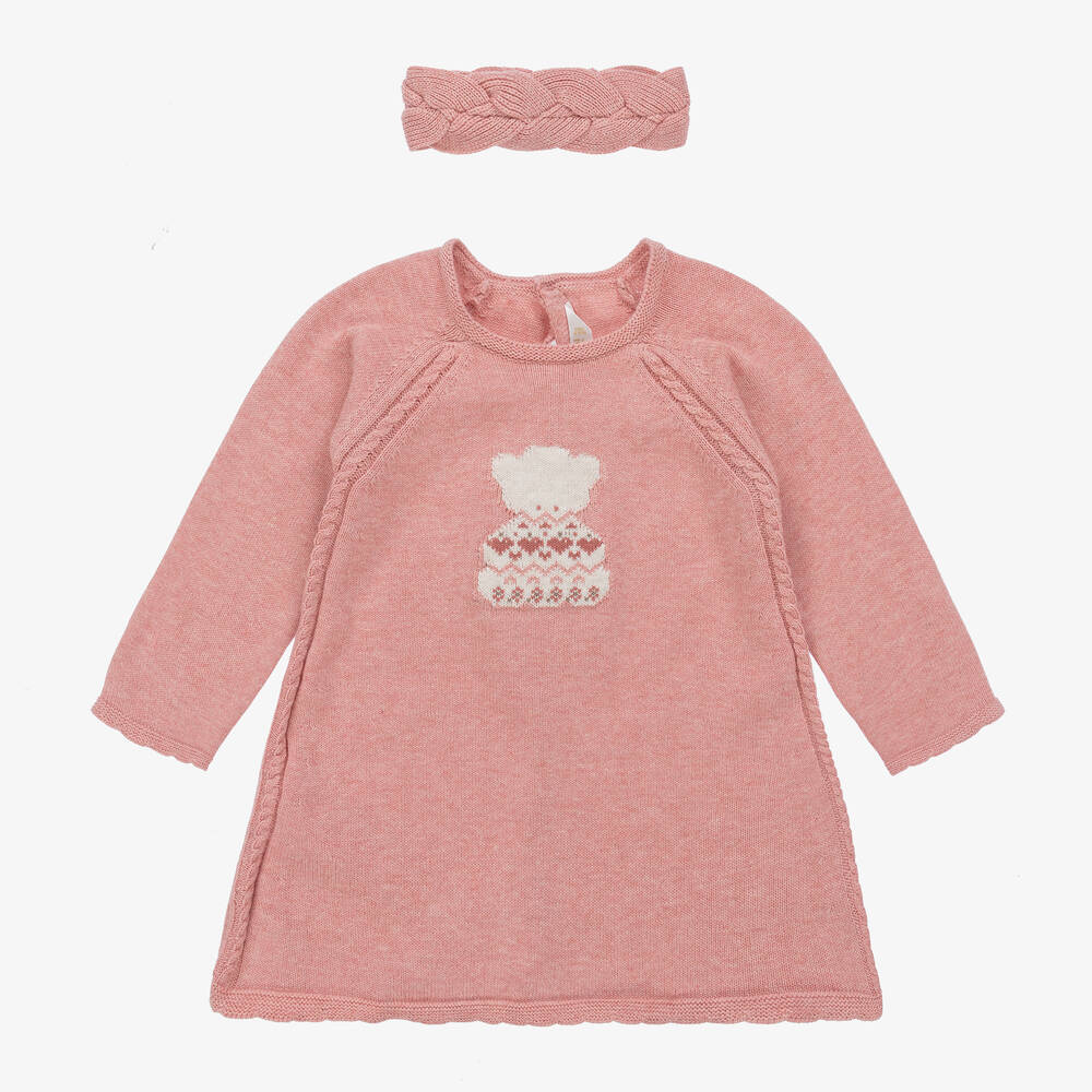 Mayoral - Розовое вязаное платье с медвежонком и повязка на голову | Childrensalon