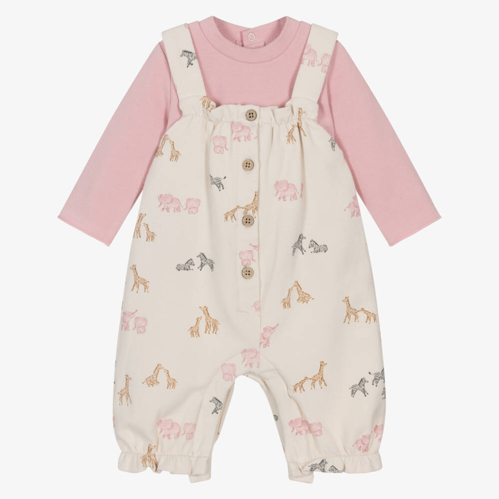 Mayoral Newborn-Baby Girls Pink Top & Beige Dungaree Set | Childrensalon Outlet