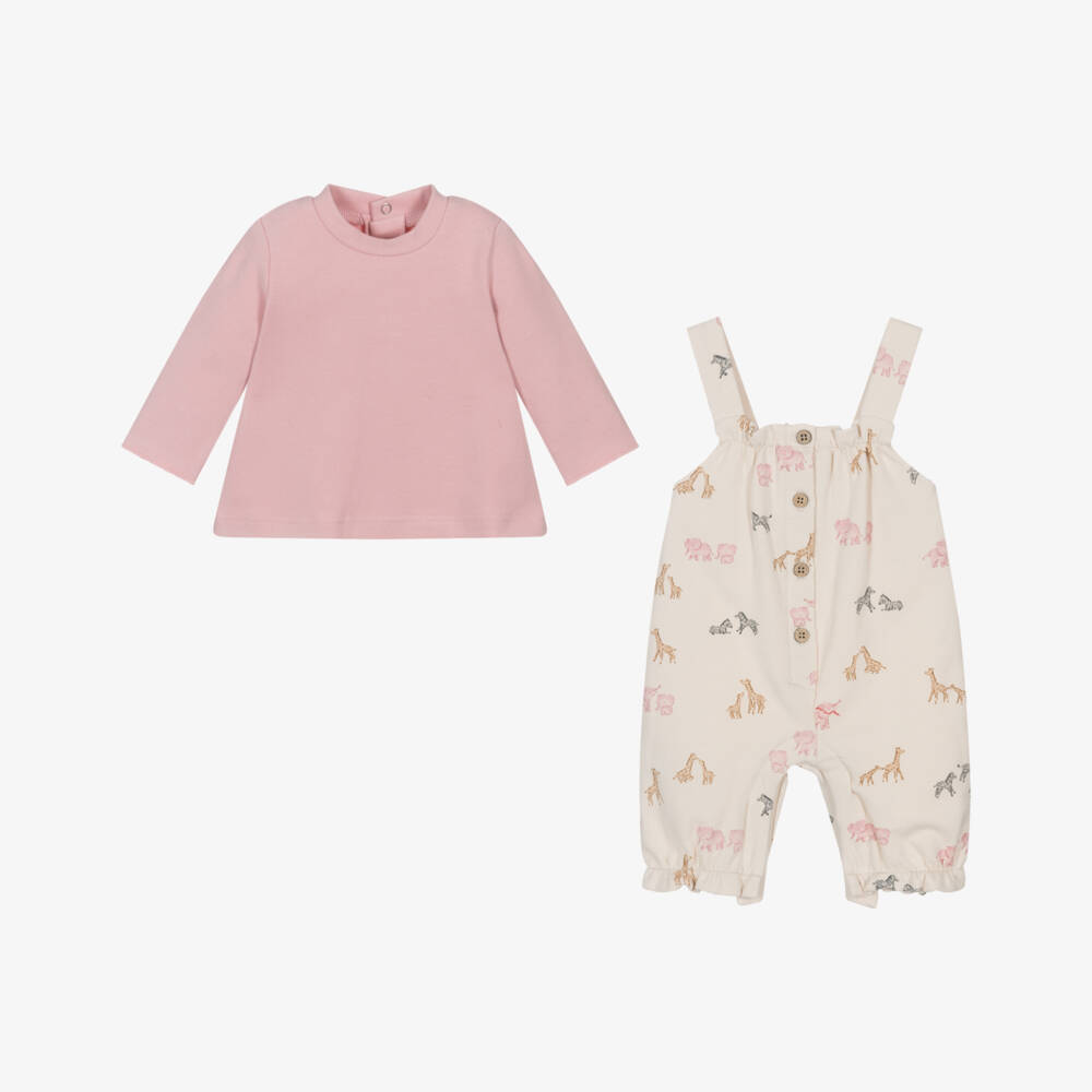 Mayoral Newborn-Baby Girls Pink Top & Beige Dungaree Set | Childrensalon Outlet