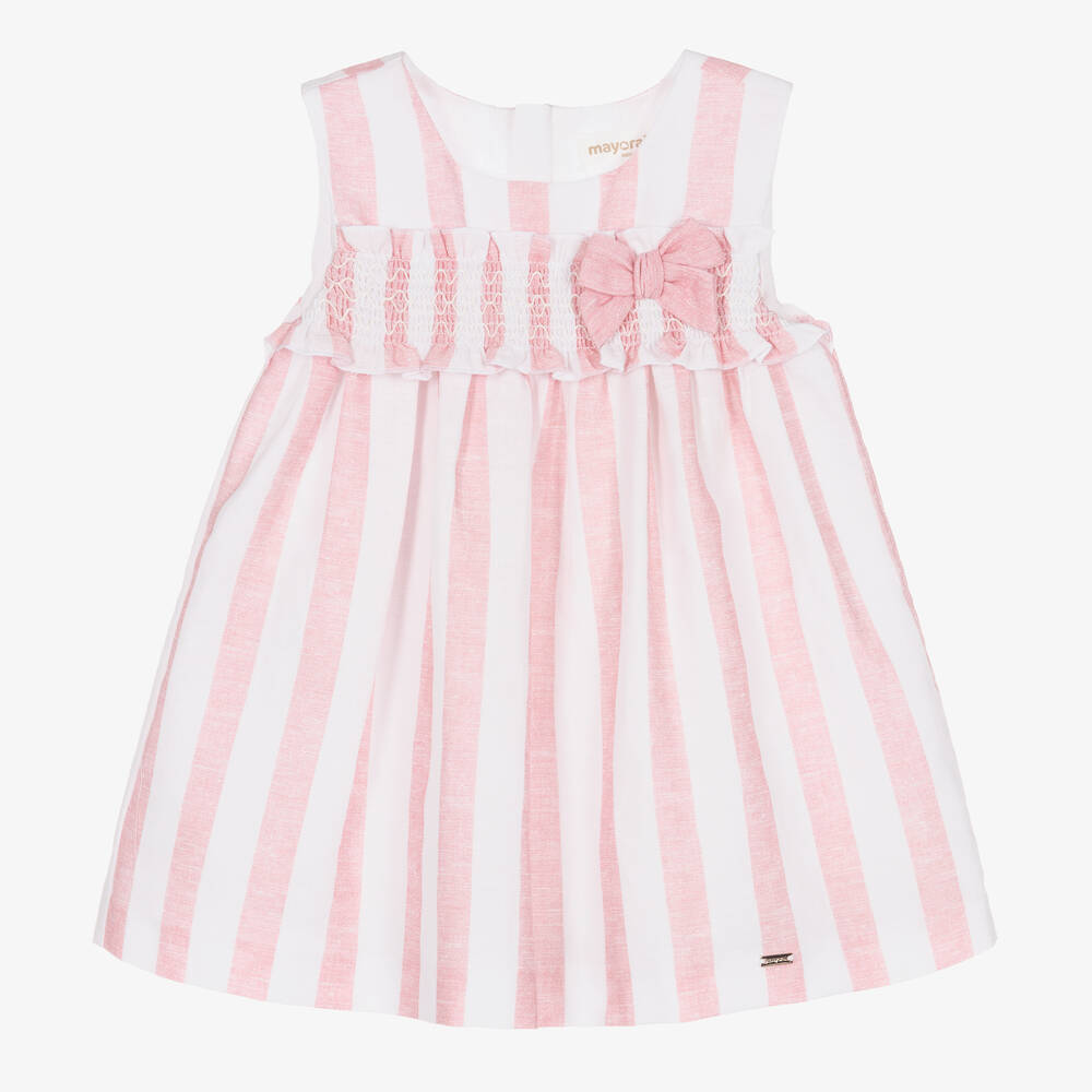Mayoral - Baby Girls Pink & White Stripe Linen Dress | Childrensalon