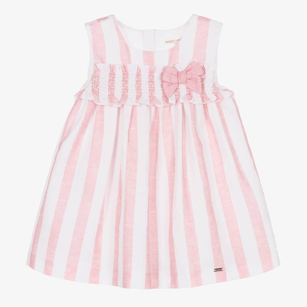 Mayoral - Robe rose et blanche rayée en lin | Childrensalon