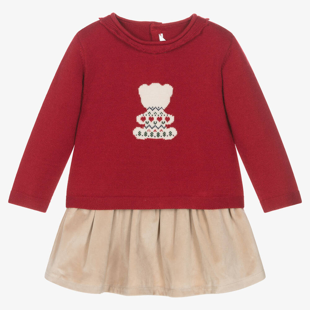 Mayoral - طقم تنورة فيسكوز محبوك وقطيفة لون بيج وأحمر | Childrensalon