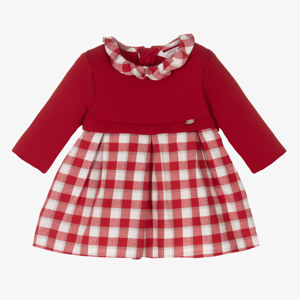 Mayoral Newborn - طقم فستان قطن تارتان لون أحمر وعاجي للمولودات  | Childrensalon