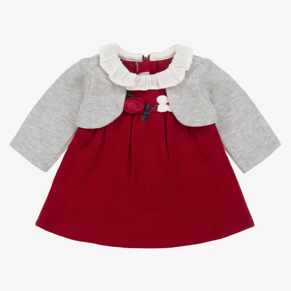 Mayoral - Baby Girls Red & Grey Cotton Dress | Childrensalon