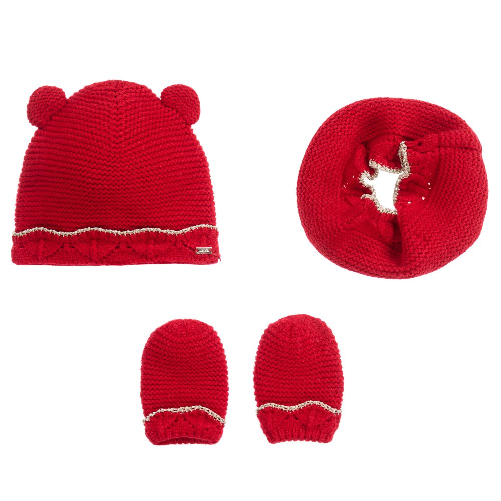 Mayoral - طقم قبعة مزيج فيسكوز محبوك لون أحمر للمولودات - 3 قطع | Childrensalon