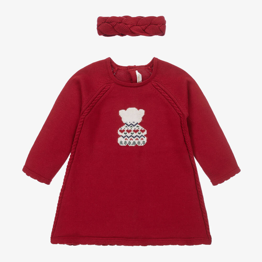 Mayoral - Красное трикотажное платье с медвежонком и повязка на голову | Childrensalon