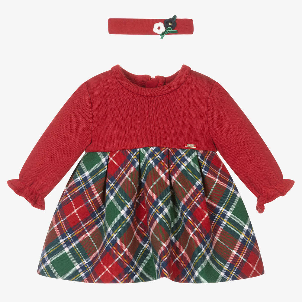 Mayoral - طقم فستان قطن جيرسي تارتان لون أحمر للمولودات | Childrensalon