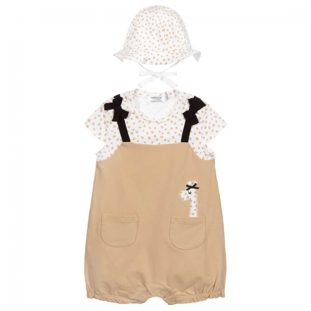 Mayoral Newborn - Beiges Kurzstrampler-Set mit Giraffe  | Childrensalon