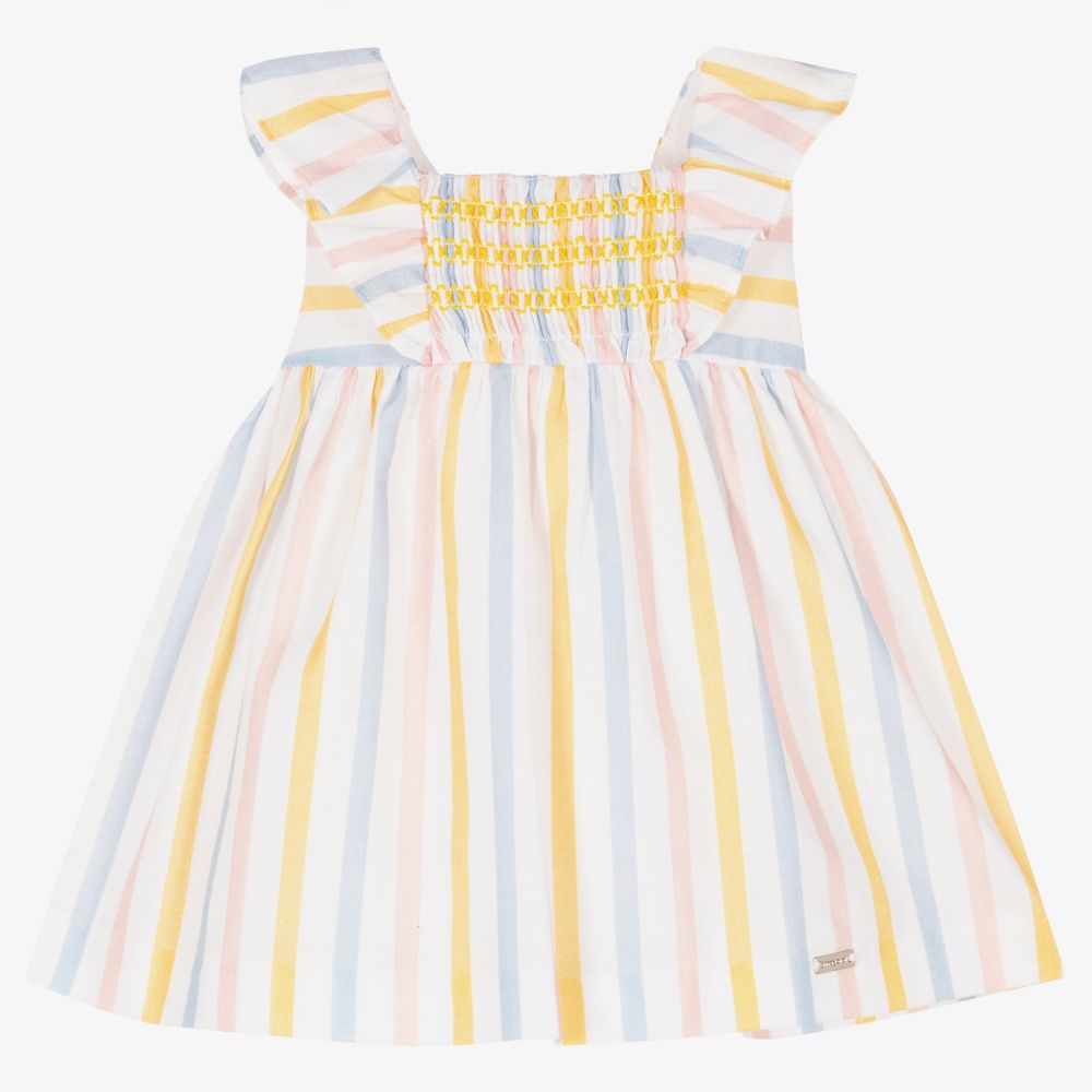 Mayoral Newborn - طقم فستان قطن مقلم لون أبيض | Childrensalon