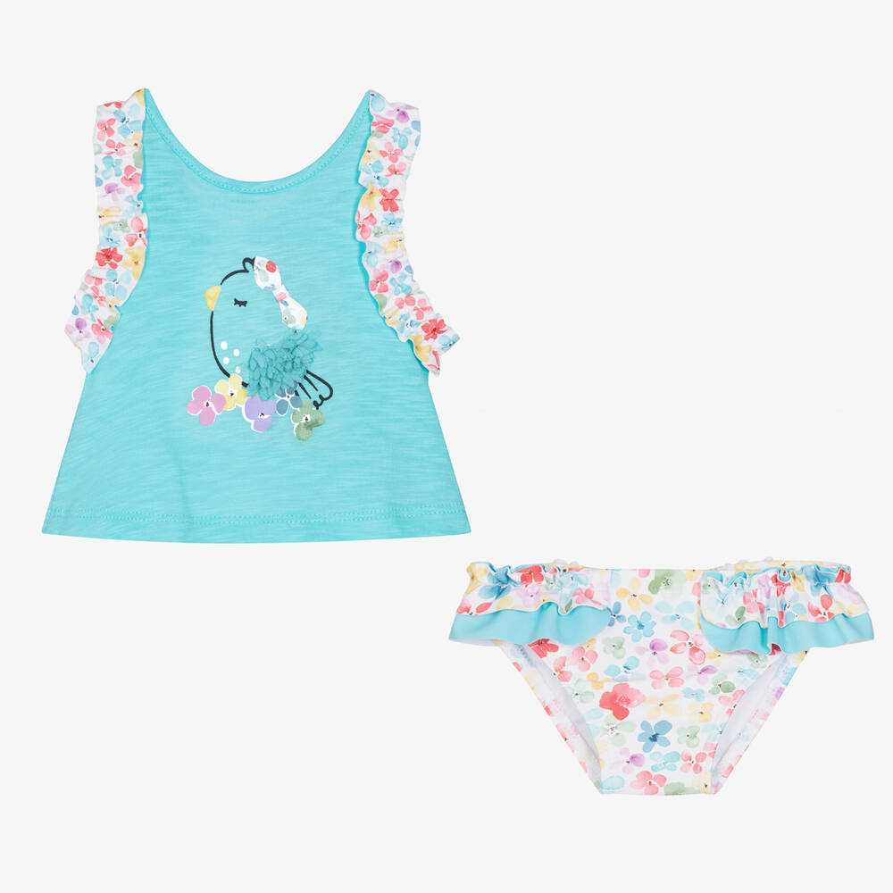 Mayoral-Baby Girls Turquoise Blue Floral Beach Set | Childrensalon Outlet