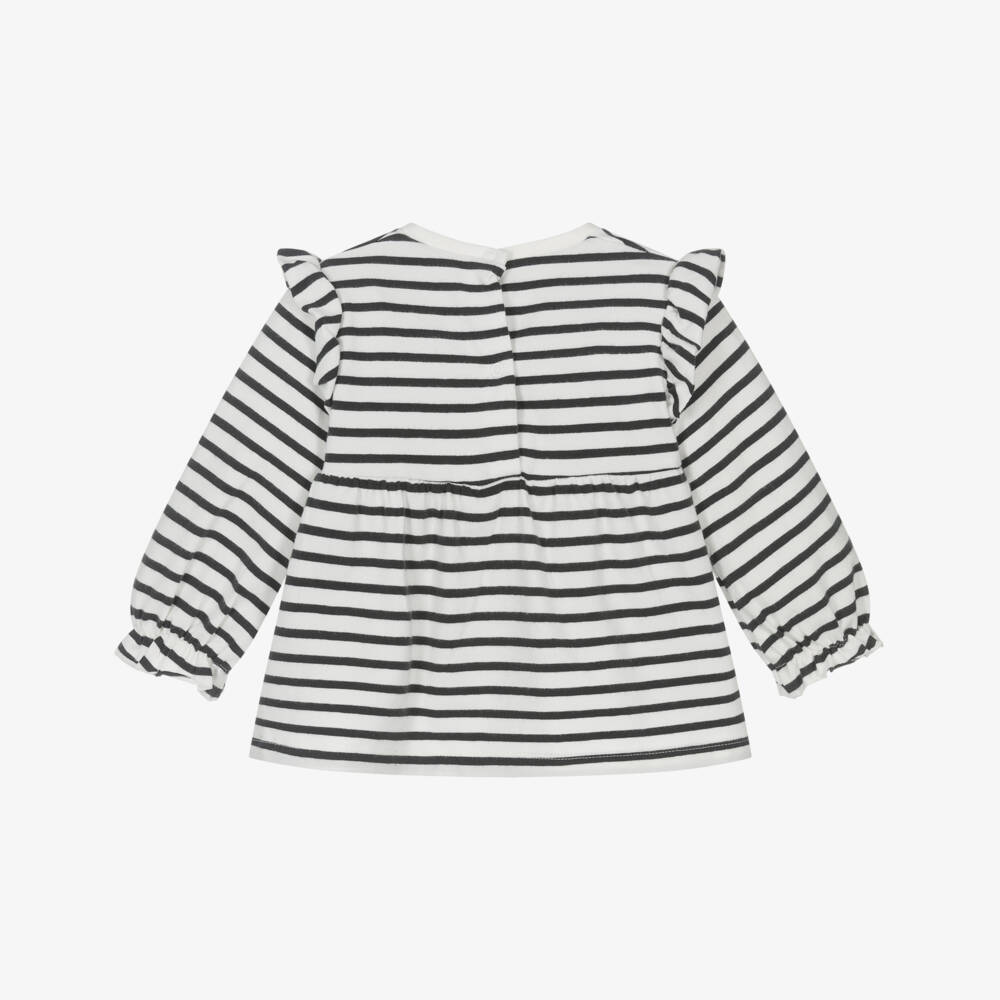 Mayoral Для новорожденных-Baby Girls White & Black Striped Cotton Top with Ruffle Trim | Childrensalon Outlet