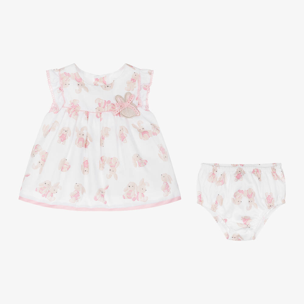 Mayoral-Baby Girls White Bunny Print Cotton Dress | Childrensalon Outlet