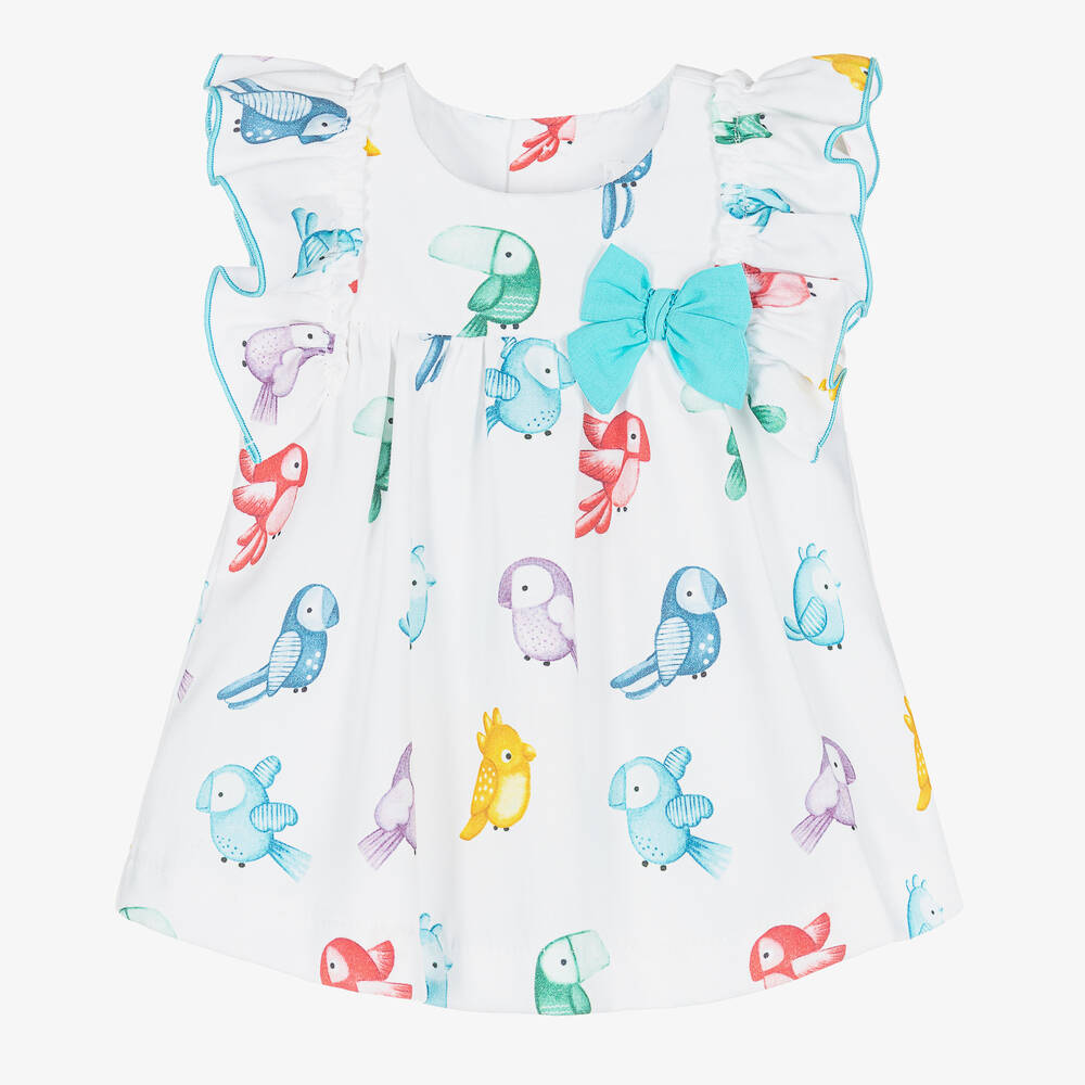 Mayoral - Baby Girls White Cotton Parrot Dress | Childrensalon