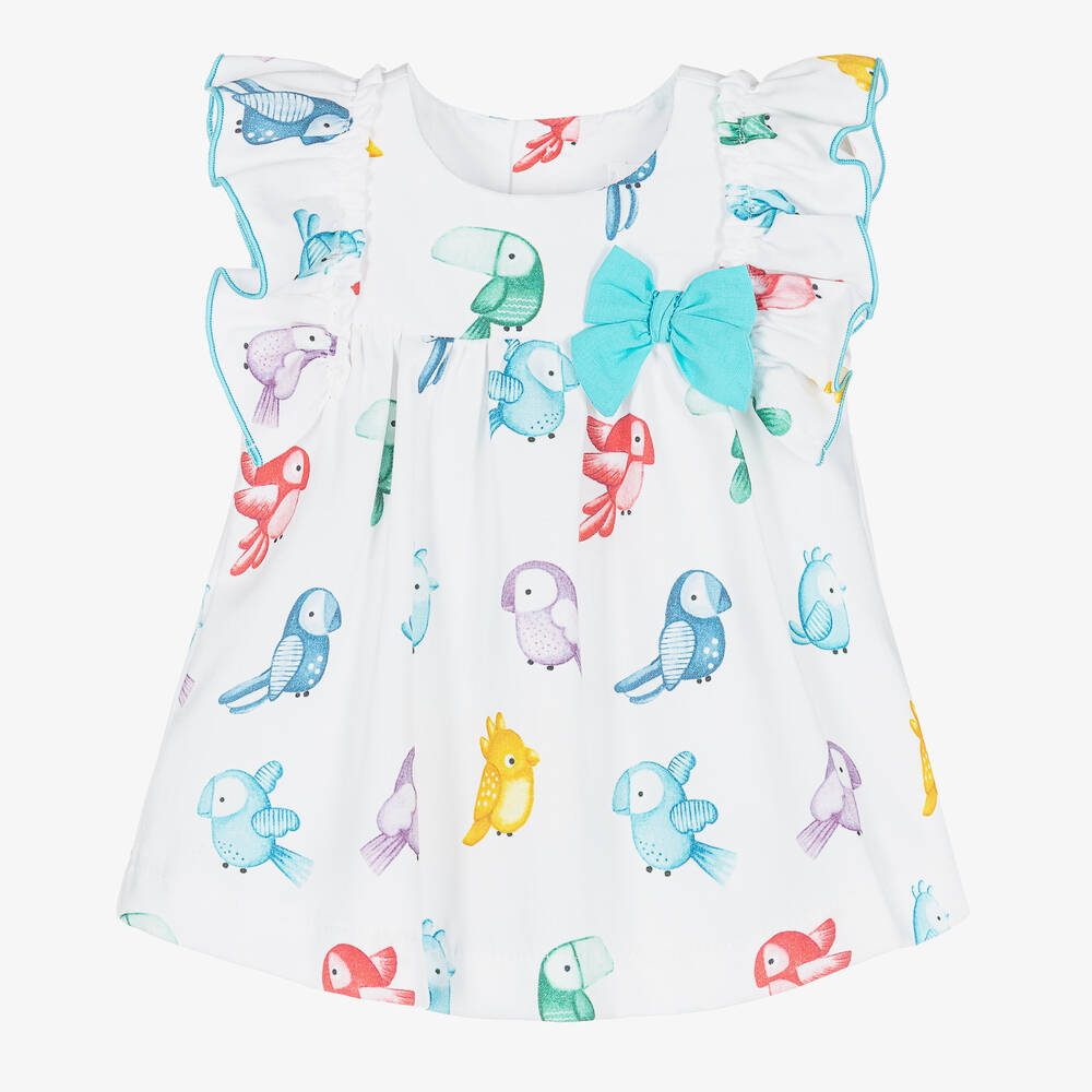 Mayoral-Baby Girls White Cotton Parrot Dress | Childrensalon Outlet