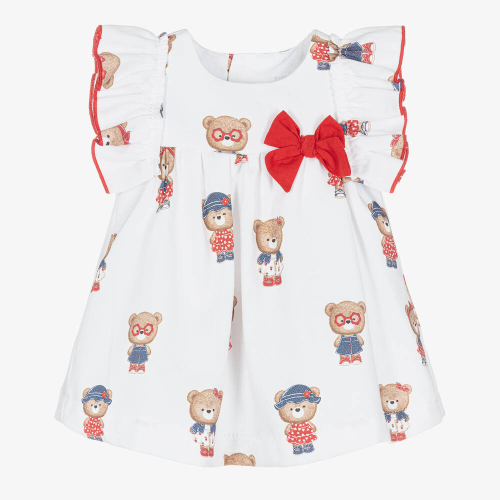 Mayoral-Baby Girls White Cotton Teddy Bear Dress | Childrensalon Outlet