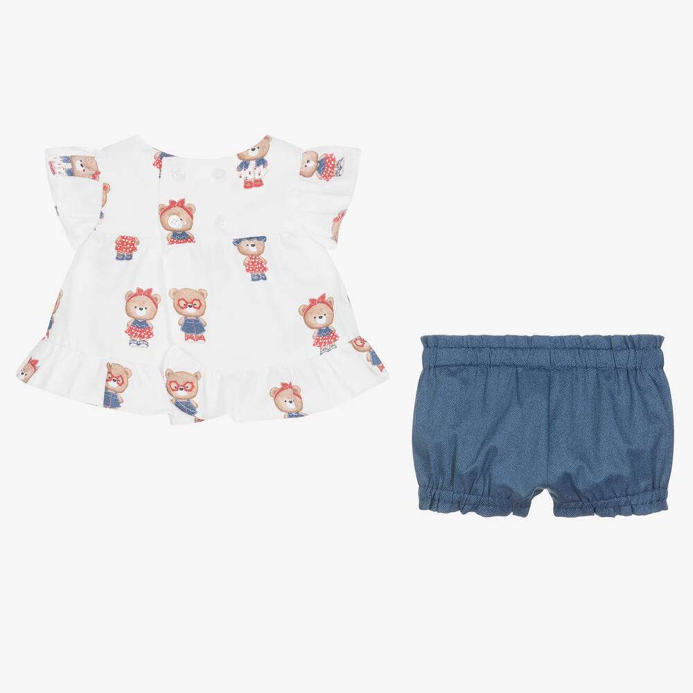 Mayoral-طقم شورت قطن لون أبيض وأزرق للمولودات | Childrensalon Outlet