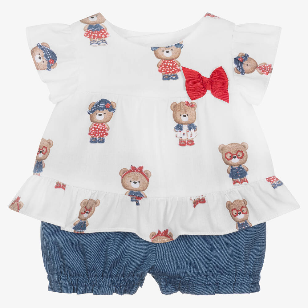 Mayoral - Baby Girls White Cotton Teddy Shorts Set | Childrensalon