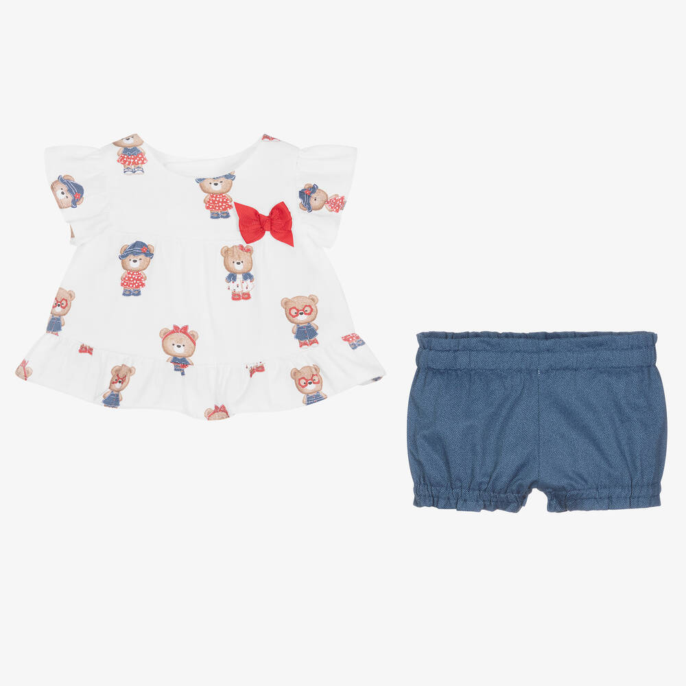 Mayoral-طقم شورت قطن لون أبيض وأزرق للمولودات | Childrensalon Outlet