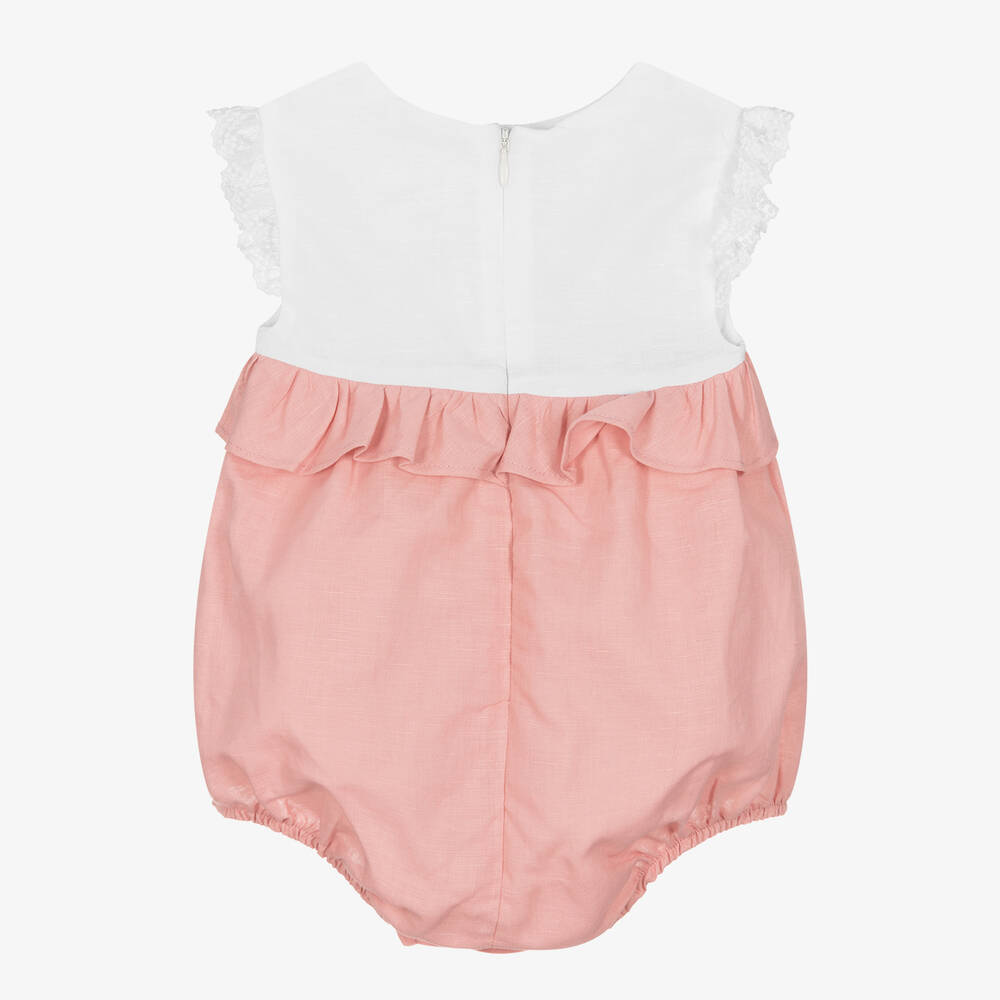 Mayoral-Baby Girls White & Pink Linen Shortie | Childrensalon Outlet