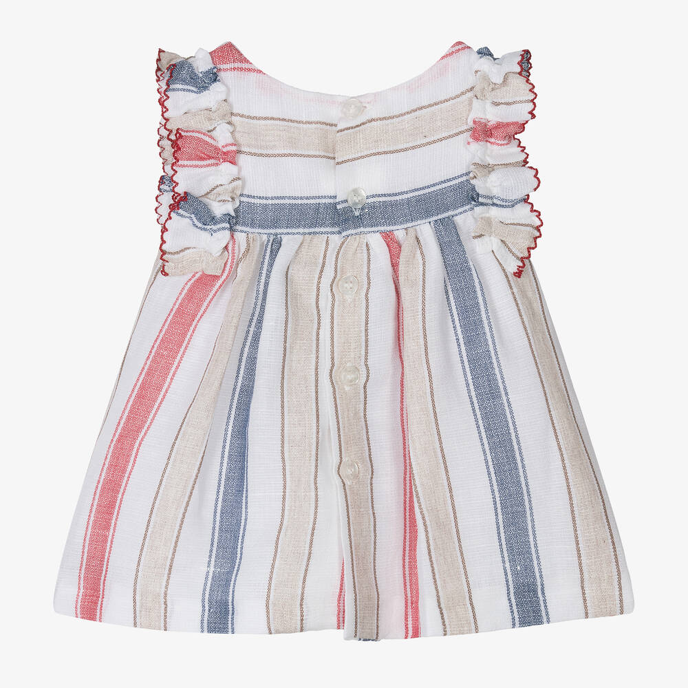 Mayoral-فستان قطن وكتان مقلم لون أبيض للمولودات | Childrensalon Outlet