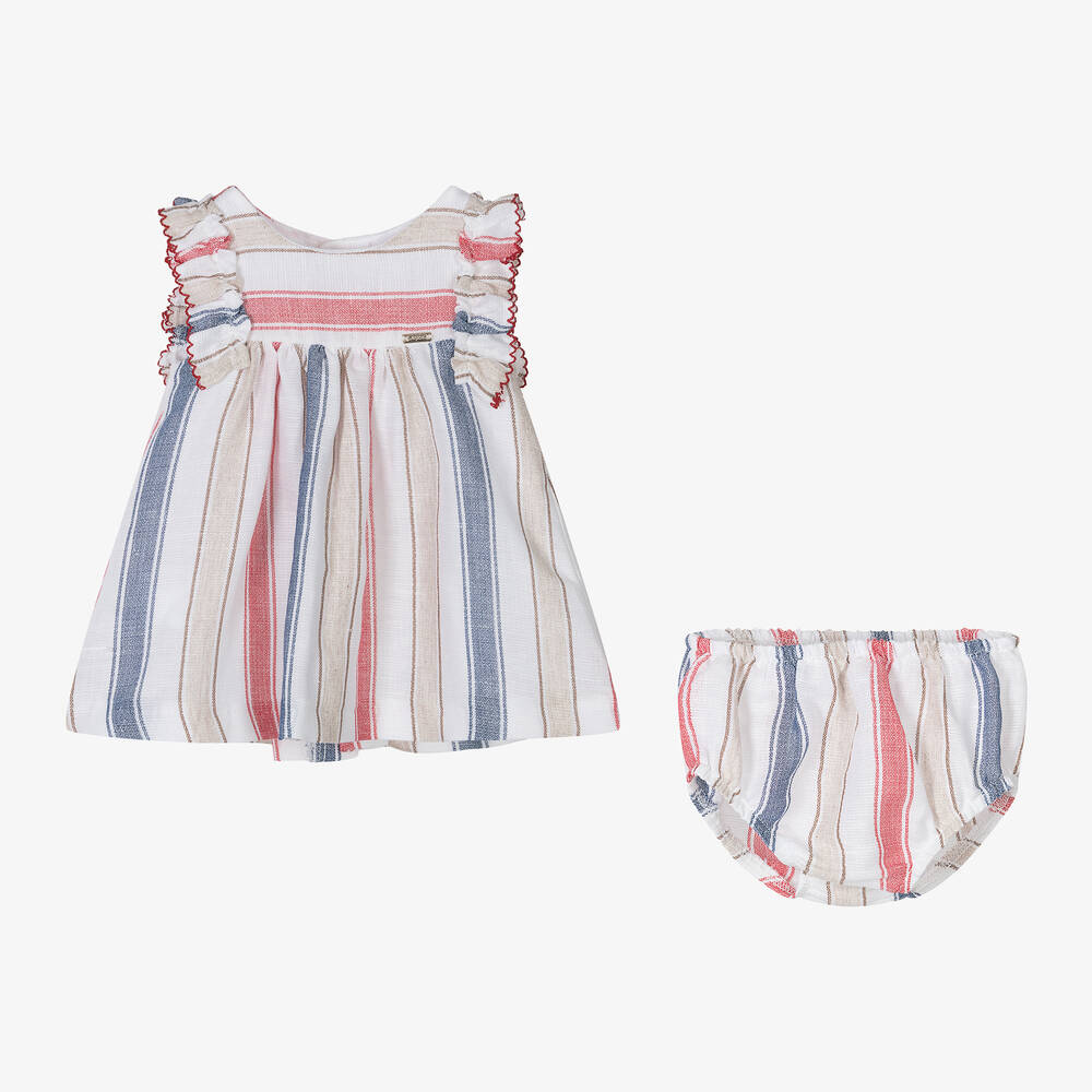 Mayoral-فستان قطن وكتان مقلم لون أبيض للمولودات | Childrensalon Outlet