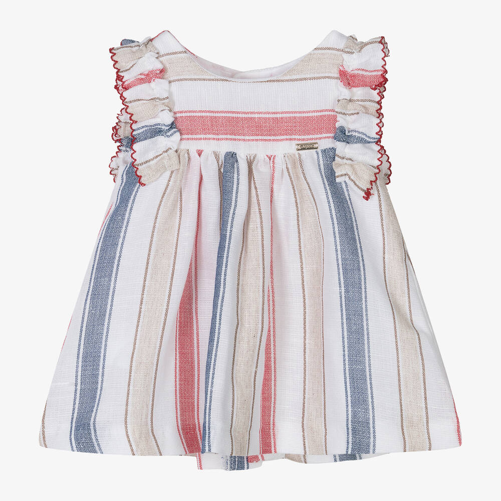 Mayoral-Baby Girls White Striped Linen Dress | Childrensalon Outlet