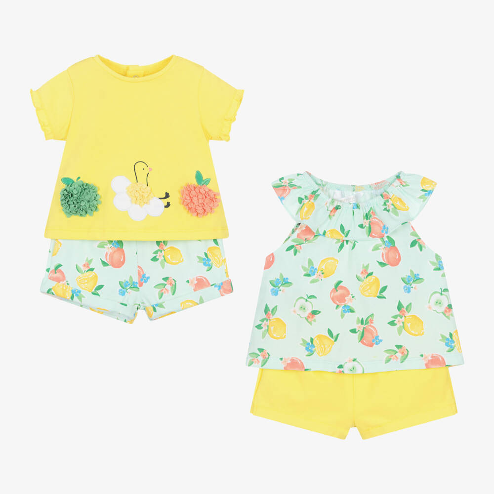 Mayoral-Baby Girls Yellow & Green Cotton Shorts Set | Childrensalon Outlet