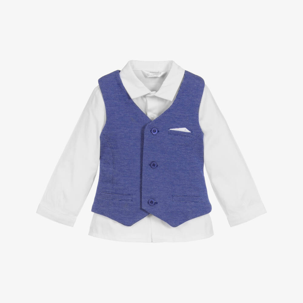 Mayoral Newborn-قميص و صدرية  قطن لون أزرق وأبيض للمواليد | Childrensalon Outlet