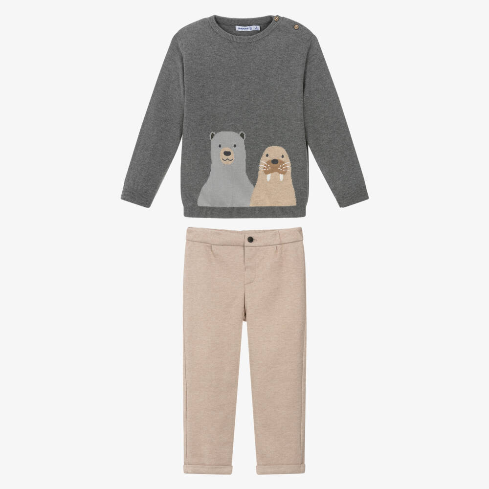 Mayoral-Beige Bear And Walrus Sweater And Trouser Set | Childrensalon Outlet