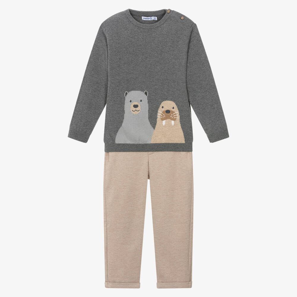 Mayoral-Beige Bear And Walrus Sweater And Trouser Set | Childrensalon Outlet