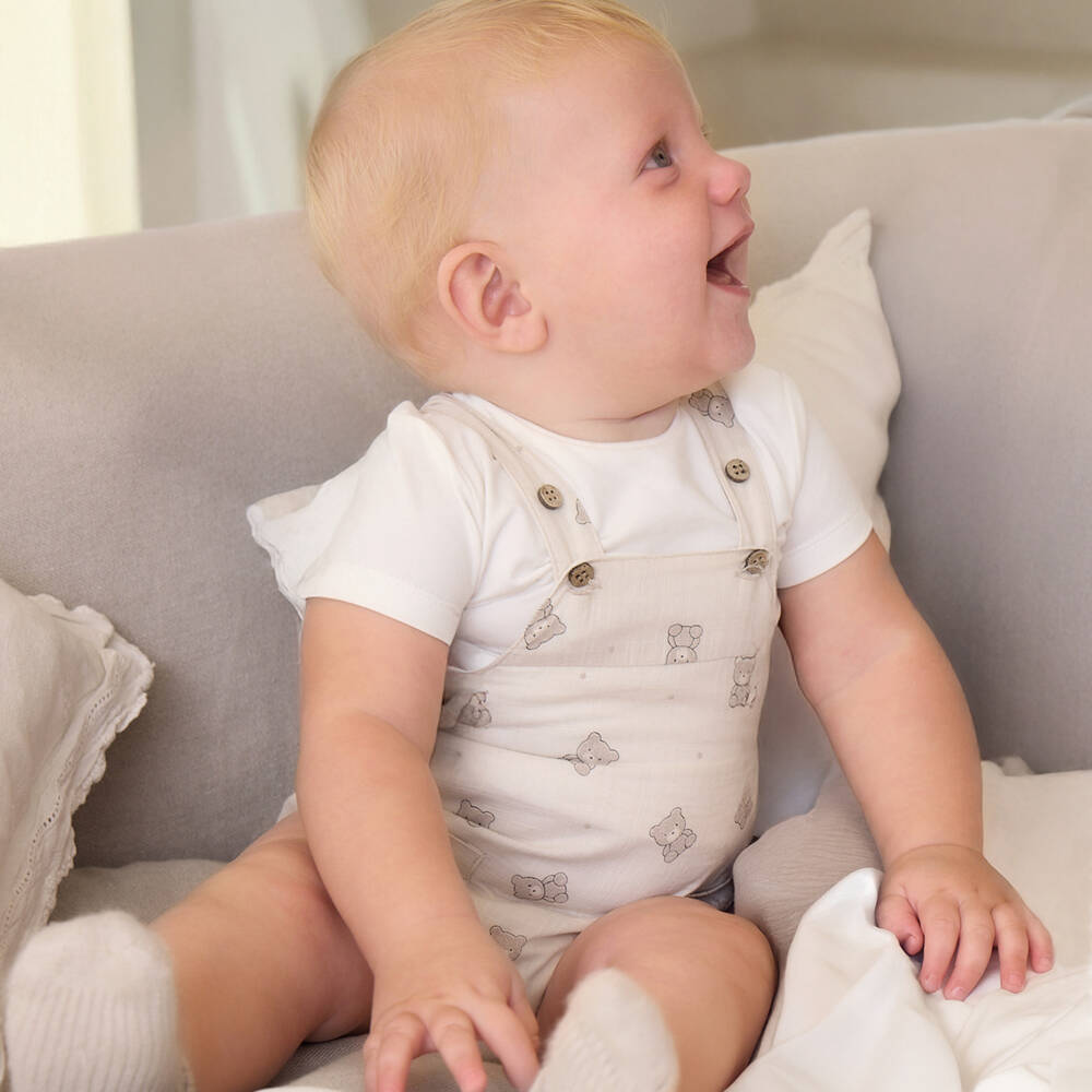Mayoral Newborn-Beige Bear Print Dungaree Set | Childrensalon Outlet