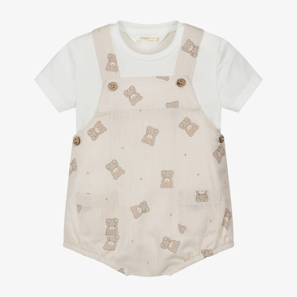 Mayoral Newborn-Beige Bear Print Dungaree Set | Childrensalon Outlet