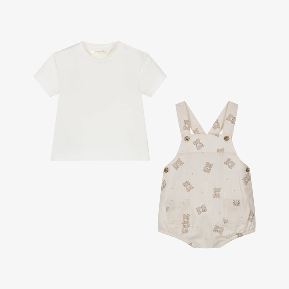 Mayoral Newborn-Beige Bear Print Dungaree Set | Childrensalon Outlet
