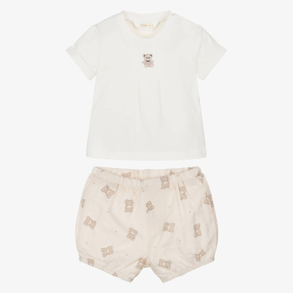 Mayoral Newborn-Beige Bear Shorts Set | Childrensalon Outlet