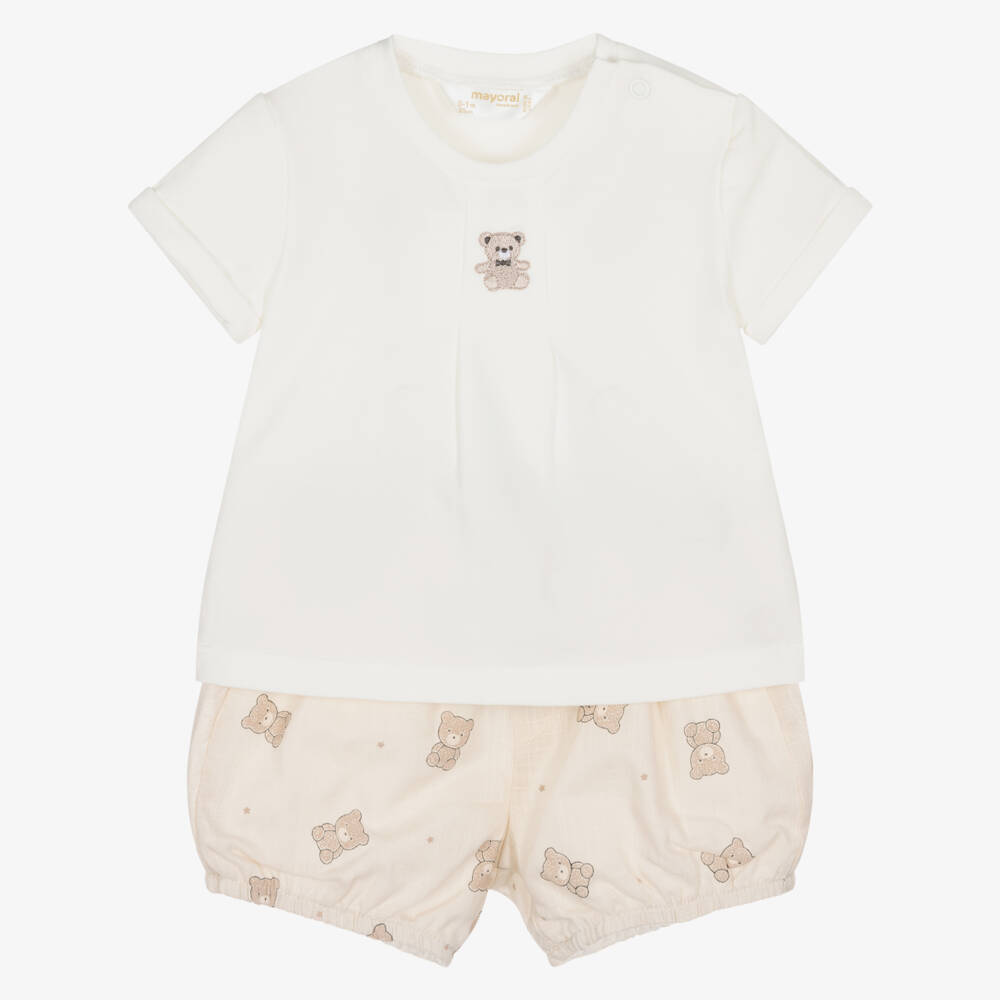Mayoral Newborn-Beige Bear Shorts Set | Childrensalon Outlet