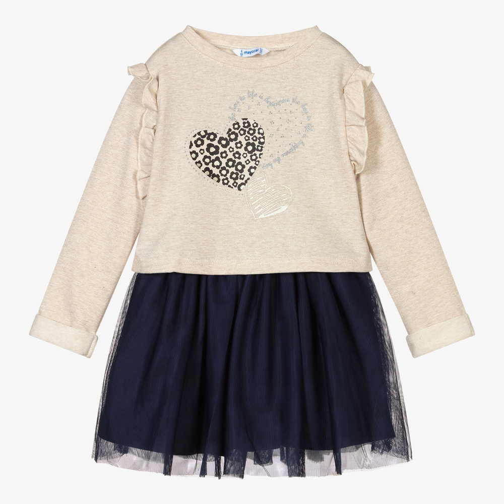 Mayoral-Beige & Blue Tulle Dress Set | Childrensalon Outlet