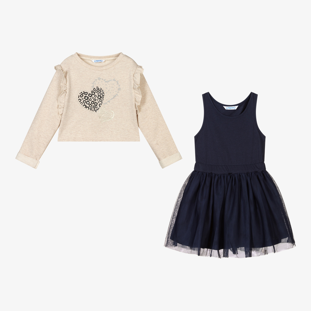 Mayoral-Beige & Blue Tulle Dress Set | Childrensalon Outlet