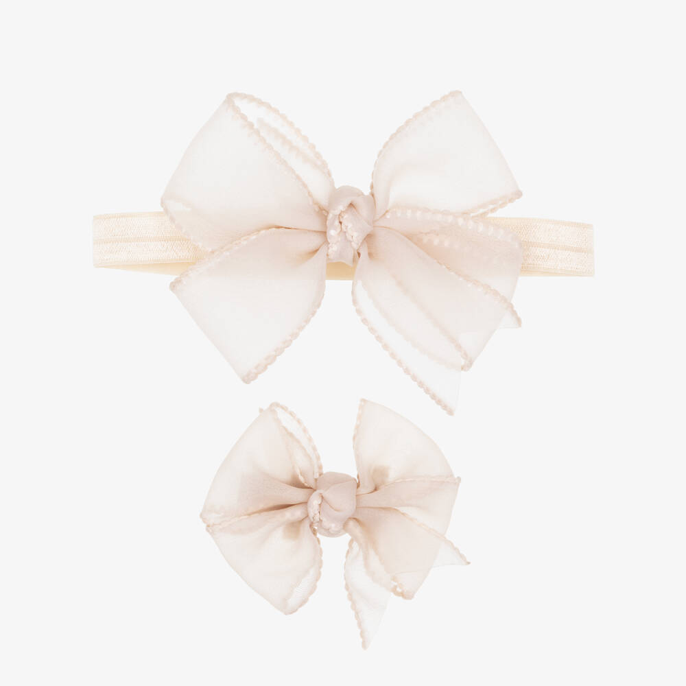 Mayoral Newborn-Beige Bow Headband & Hair Clip Set | Childrensalon Outlet
