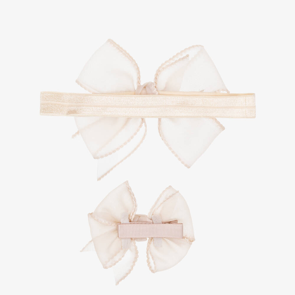 Mayoral Newborn-Beige Bow Headband & Hair Clip Set | Childrensalon Outlet