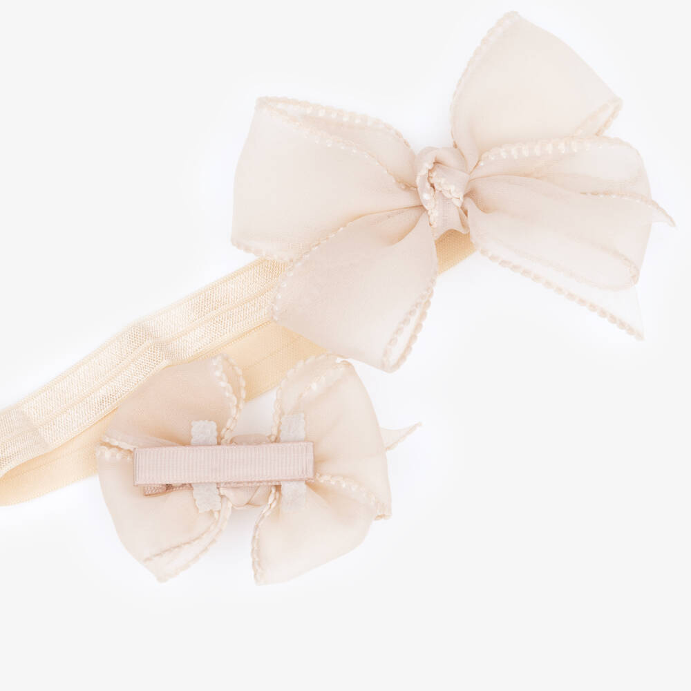Mayoral Newborn-Beige Bow Headband & Hair Clip Set | Childrensalon Outlet