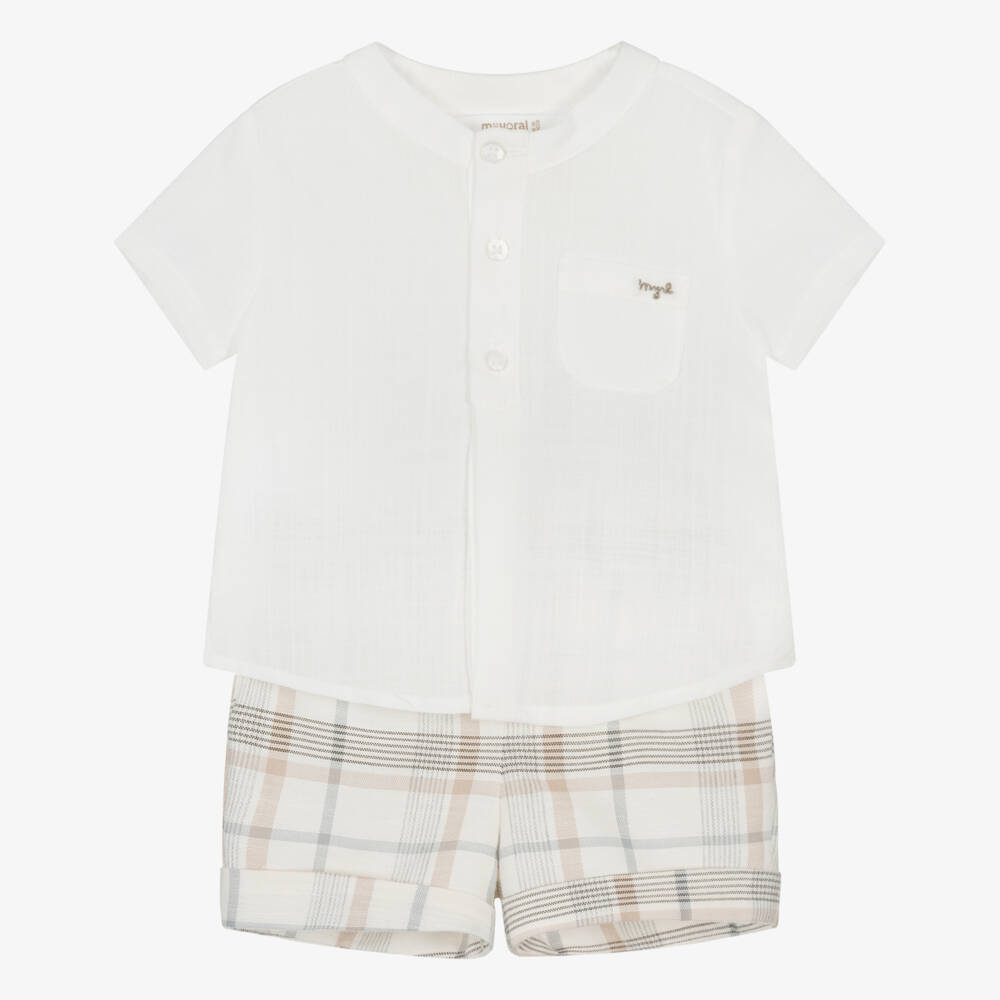 Mayoral Newborn-Beige Check Shorts Set | Childrensalon Outlet