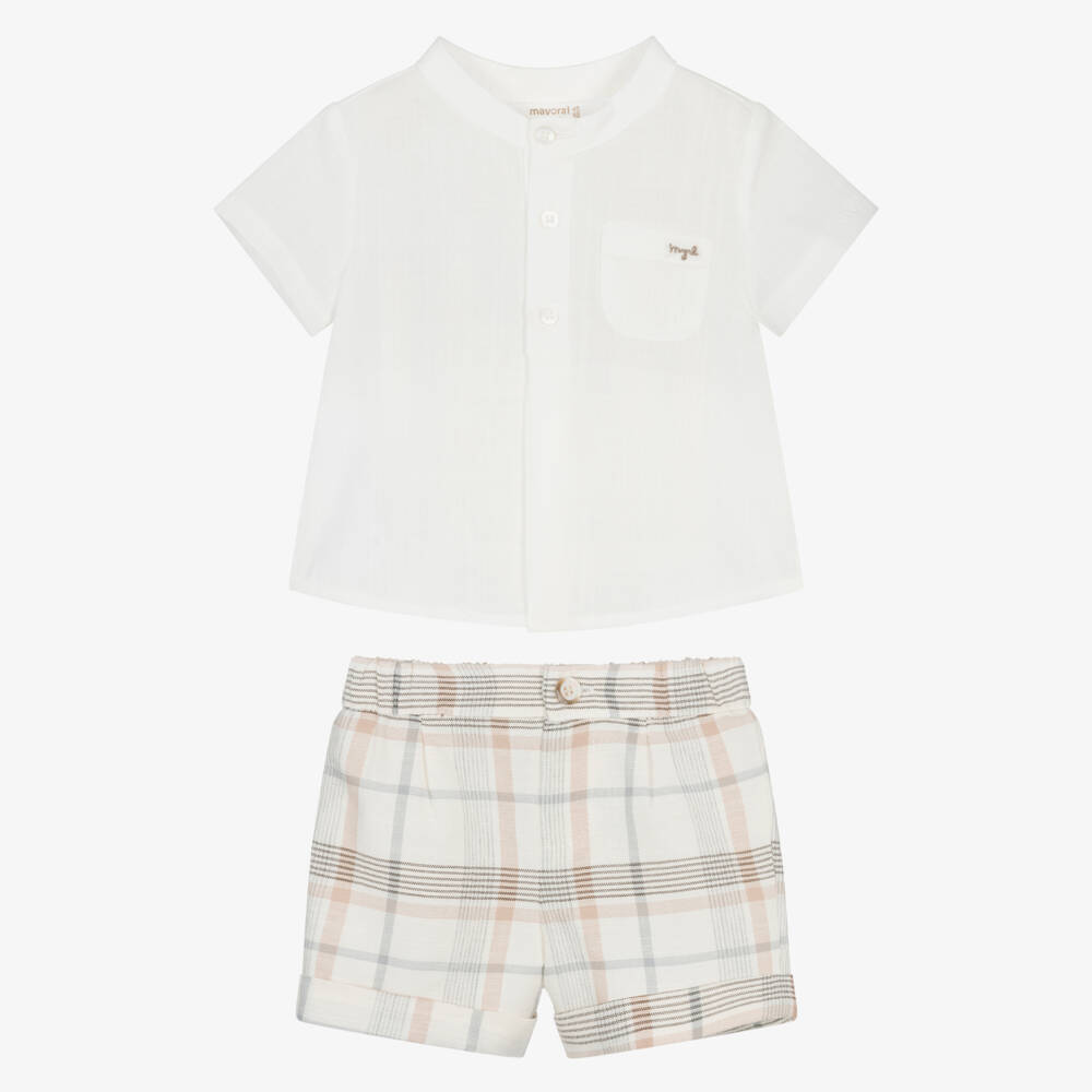 Mayoral Newborn-Beige Check Shorts Set | Childrensalon Outlet