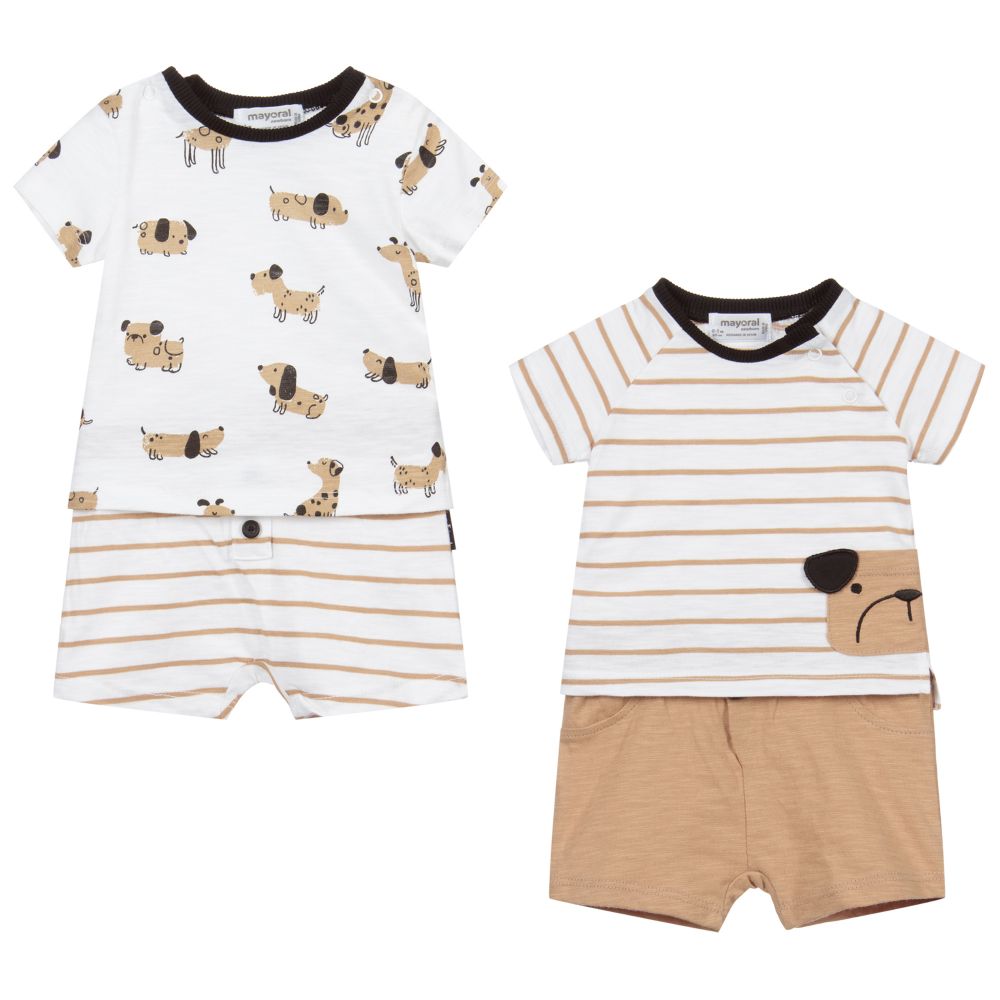 Mayoral Newborn-طقم شورت وتوب قطن جيرسي لون بيج وأبيض للأطفال (عدد 2) | Childrensalon Outlet