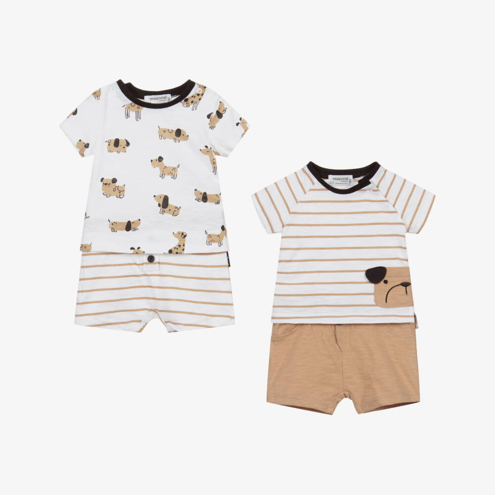 Mayoral Newborn-طقم شورت وتوب قطن جيرسي لون بيج وأبيض للأطفال (عدد 2) | Childrensalon Outlet